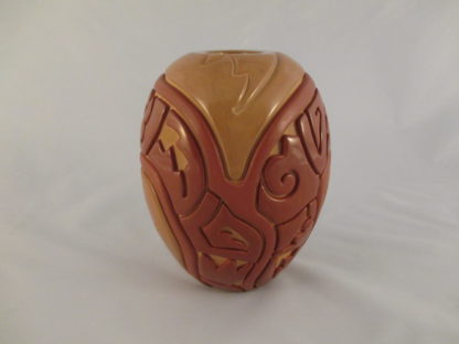 Carved Red & Tan Santa Clara Pottery Jar by Linda Tafoya-Sanchez