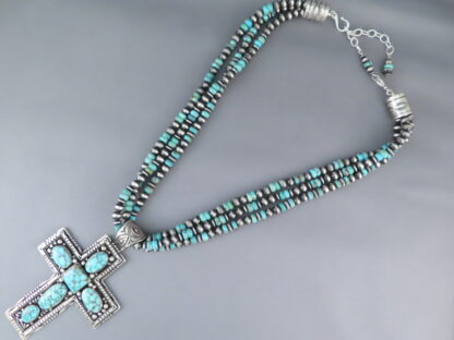 Kingman Turquoise & Sterling Silver Cross Pendant Necklace