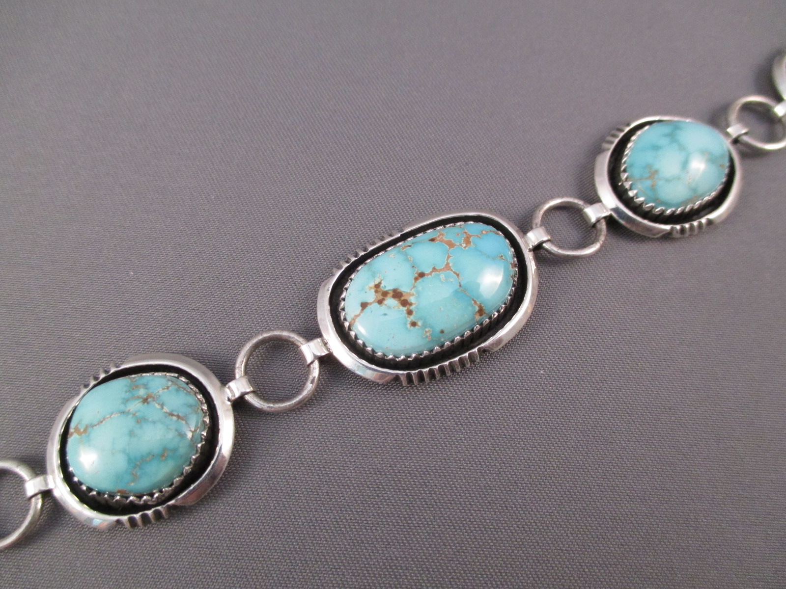 Sterling Silver and Red Mountain Turquoise Link Bracelet by Native American Navajo Indian jewelry artist, Will Denetdale