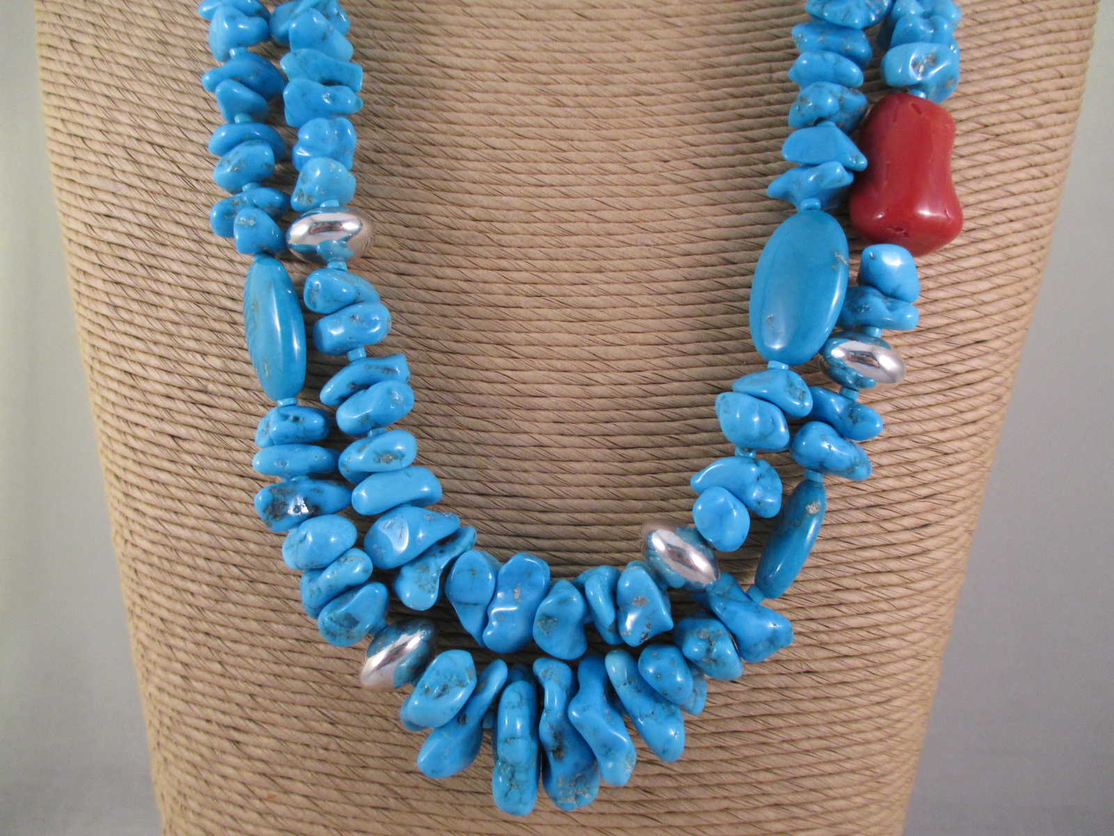 Sleeping Beauty Turquoise Necklace with Coral & Sterling Silver Accents