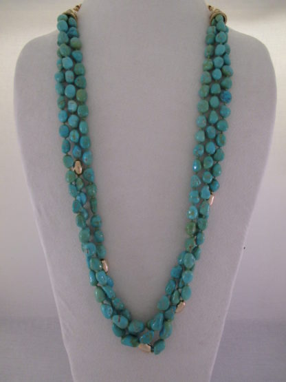 Long 3-Strand Sleeping Beauty Turquoise Necklace with 14kt Gold Accents