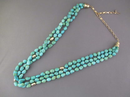 Long 3-Strand Sleeping Beauty Turquoise Necklace with 14kt Gold Accents