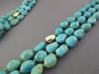 Long 3-Strand Sleeping Beauty Turquoise Necklace with 14kt Gold Accents