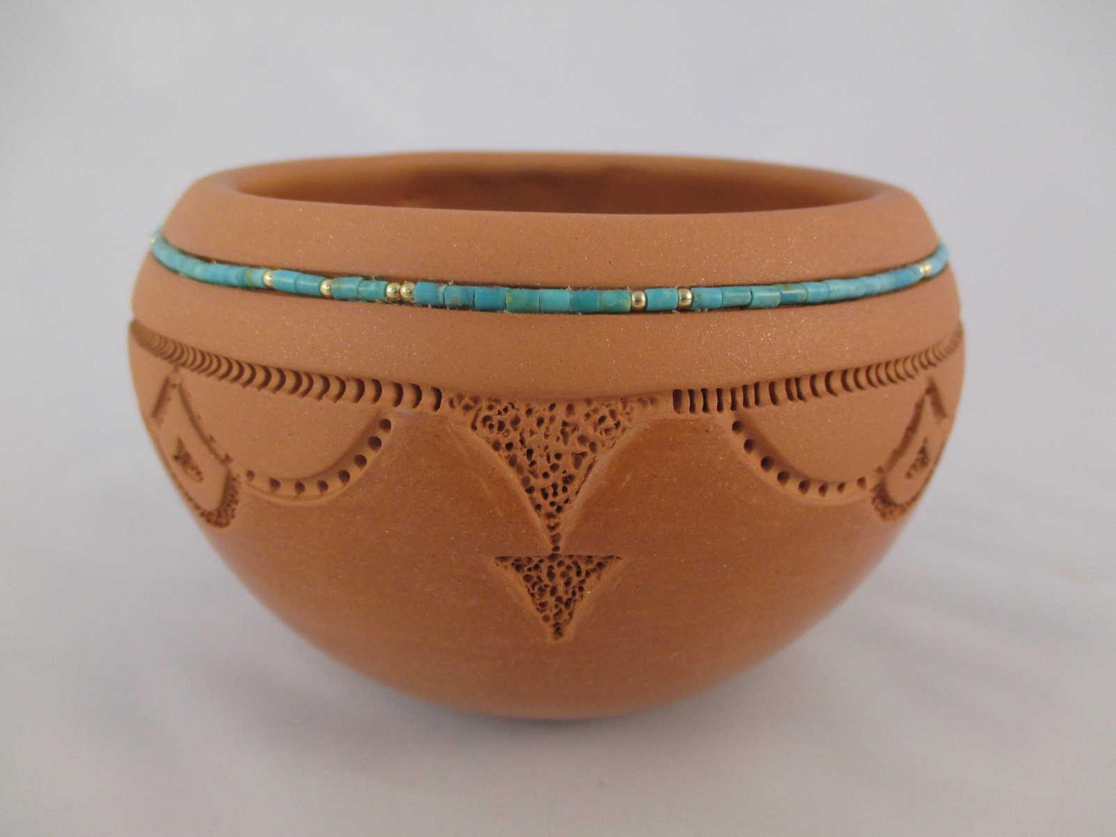 Pueblo Pottery - Pottery Bowl with Turquoise & Gold accents by Native American Isleta Pueblo Indian Potter, Caroline Carpio $625-