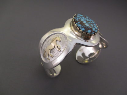 ‘Horse’ Bracelet with 14kt Gold & Apache Blue Turquoise by Fortune Huntinghorse