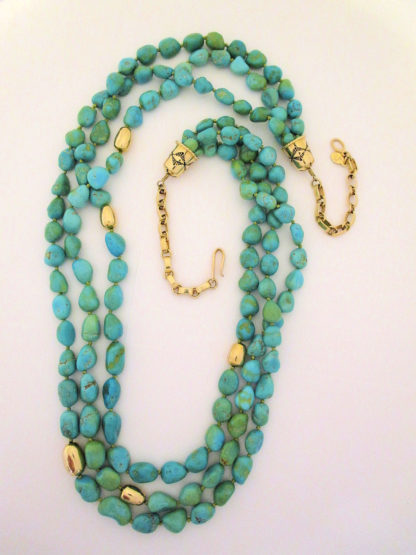Long 3-Strand Sleeping Beauty Turquoise Necklace with 14kt Gold Accents