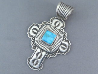 Turquoise Cross - Sterling Silver Cross Pendant with Kingman Turquoise by Navajo jeweler, Albert Jake $475- FOR SALE