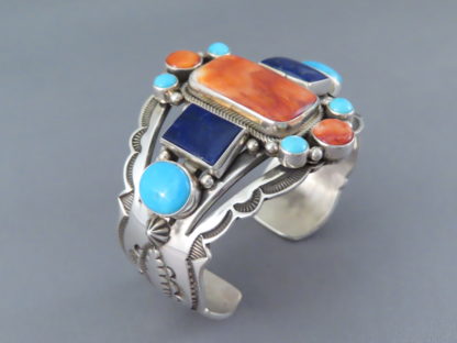 Colorful Spiny Oyster Shell & Sleeping Beauty Turquoise Multi-Stone Cuff Bracelet