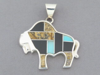 Bison Jewelry - Multi-Stone with Turquoise Inlay Buffalo Pendant by Native American jeweler, Pete Chee FOR SALE $265-