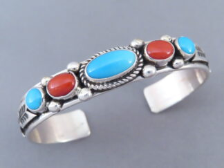 Multi-Stone Sterling Silver Cuff Bracelet (Turquoise & Coral)