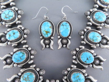 Kingman Turquoise Squash Blossom Necklace & Earring Set