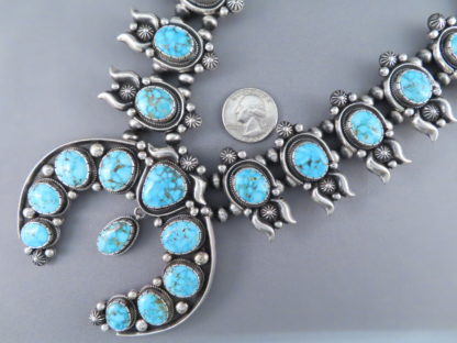 Kingman Turquoise Squash Blossom Necklace & Earring Set