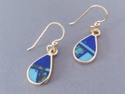 Gold Earrings with Turquoise & Lapis Inlay