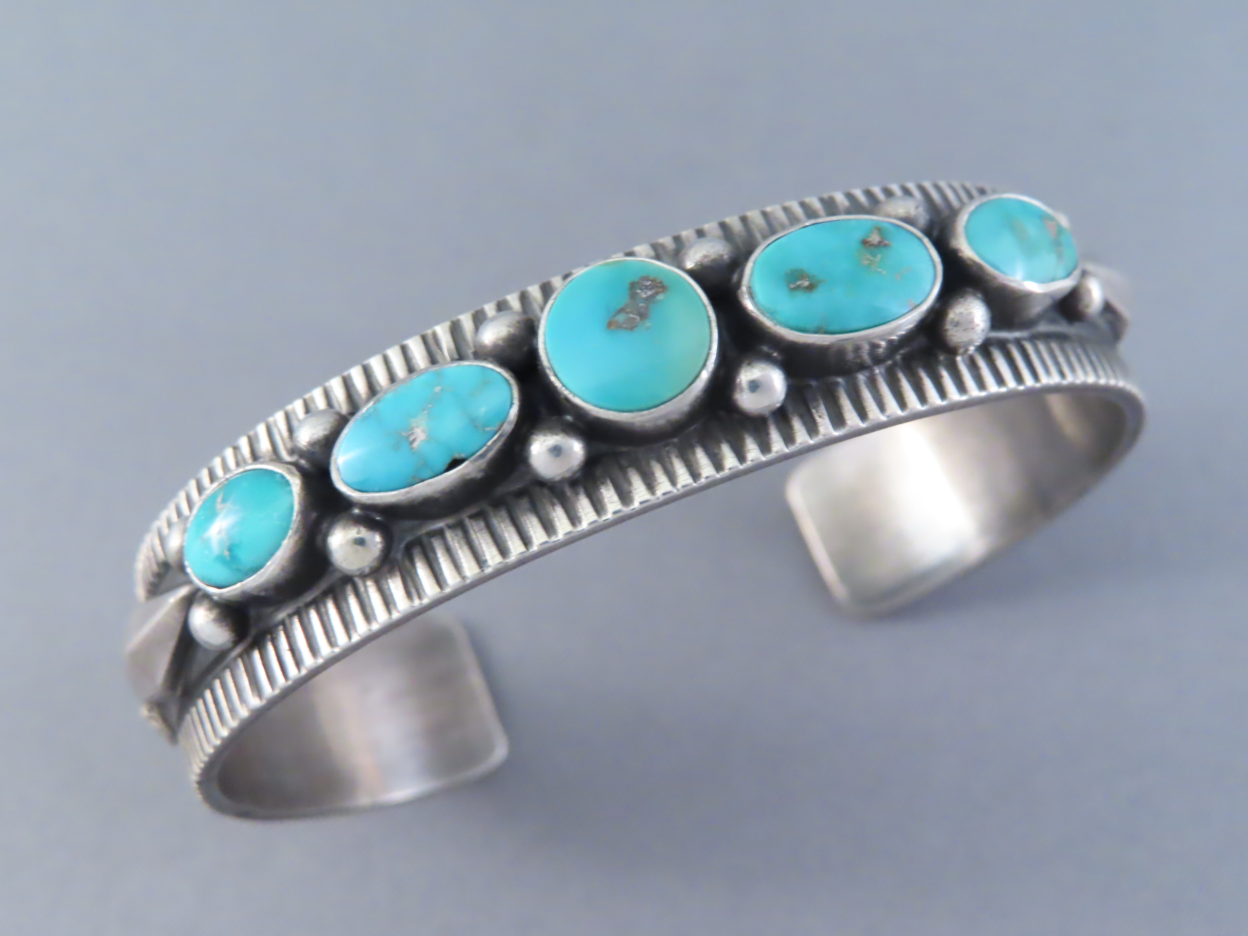 Shop Native American Jewelry - Blue Gem Turquoise Cuff Bracelet by Navajo Jeweler, Fritson Toledo FOR SALE $750-