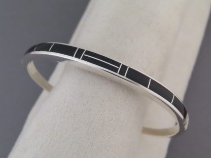 Sterling Silver & Black Jade Inlay Cuff Bracelet