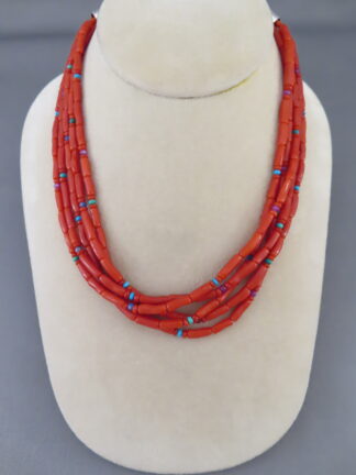 Buy Native American Jewelry - Red Coral Necklace (5-strand) by Navajo jeweler, Desiree Yellowhorse FOR SALE $1,985-