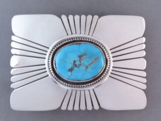 Silver & Turquoise Belt Buckle by Leonard Nez (Blue Gem)