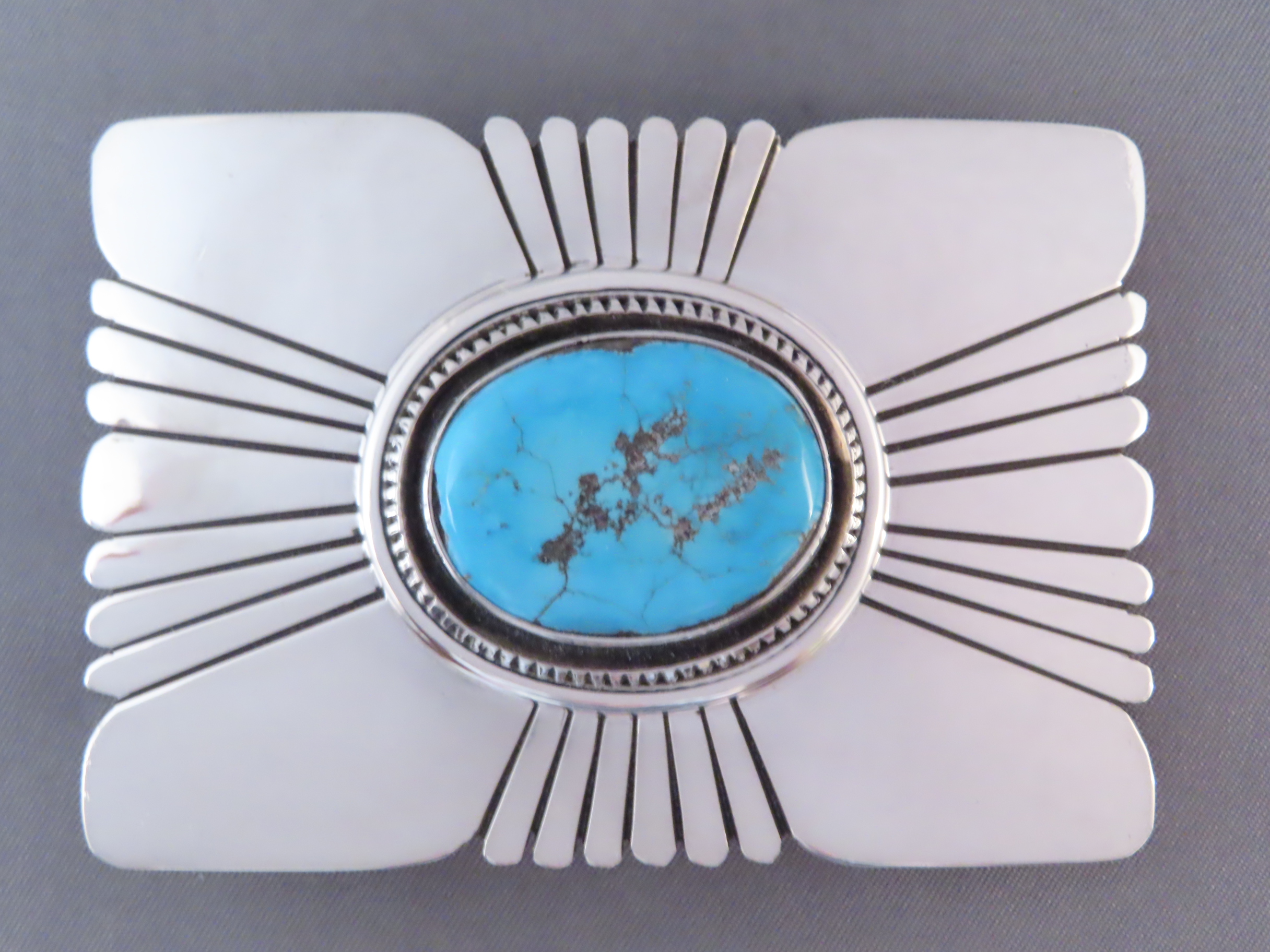 Silver & Turquoise Belt Buckle by Leonard Nez (Blue Gem)
