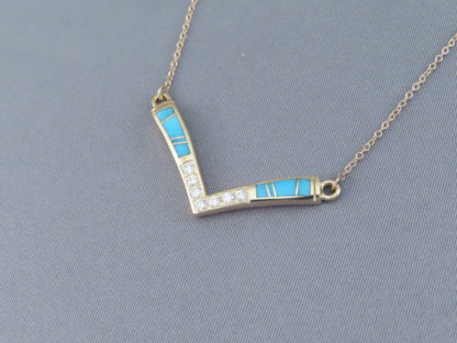 Diamond & Turquoise Inlay Necklace in 14kt Gold