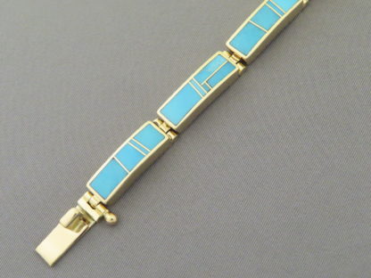 14kt Gold & Turquoise Inlay Link Bracelet (Wider)