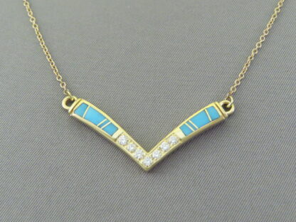Diamond & Turquoise Inlay Necklace in 14kt Gold