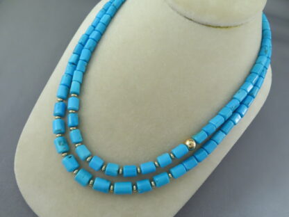 Double Strand Sleeping Beauty Turquoise Necklace with Gold
