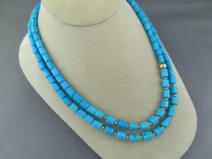 Double Strand Sleeping Beauty Turquoise Necklace with Gold