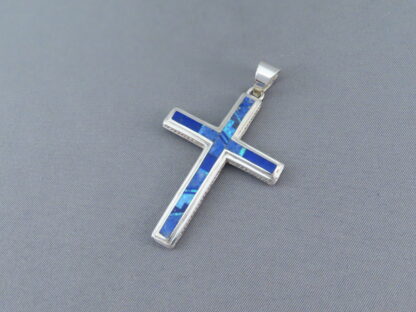 Lovely Larger Lapis & Opal Inlay Cross Pendant