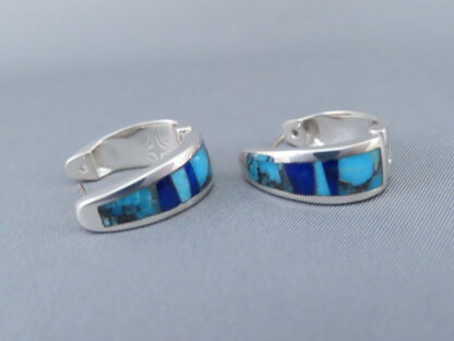 Turquoise & Lapis Inlay Earrings (Larger Huggies)
