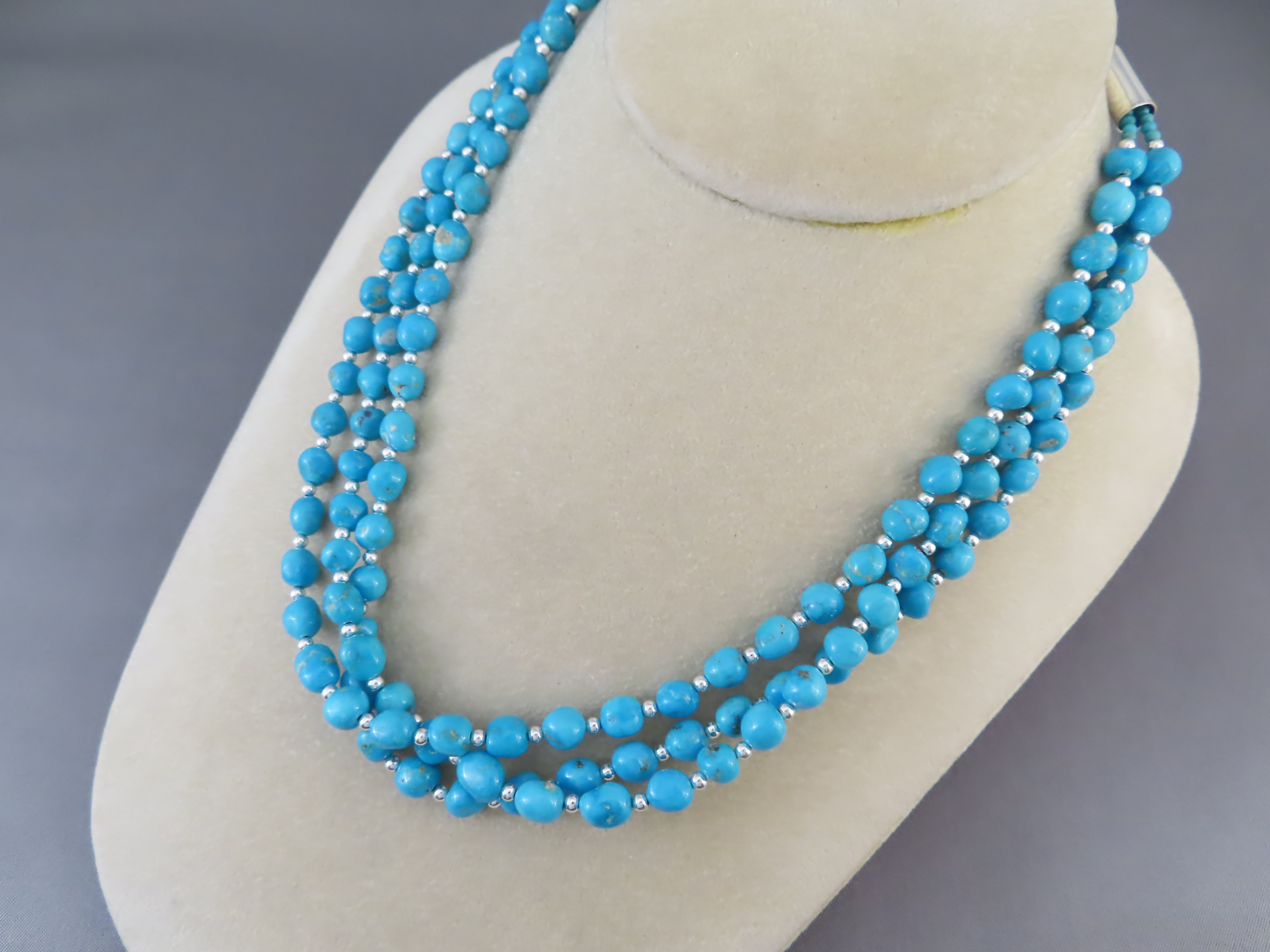 Three Strand Sleeping Beauty Turquoise & Sterling Silver Necklace
