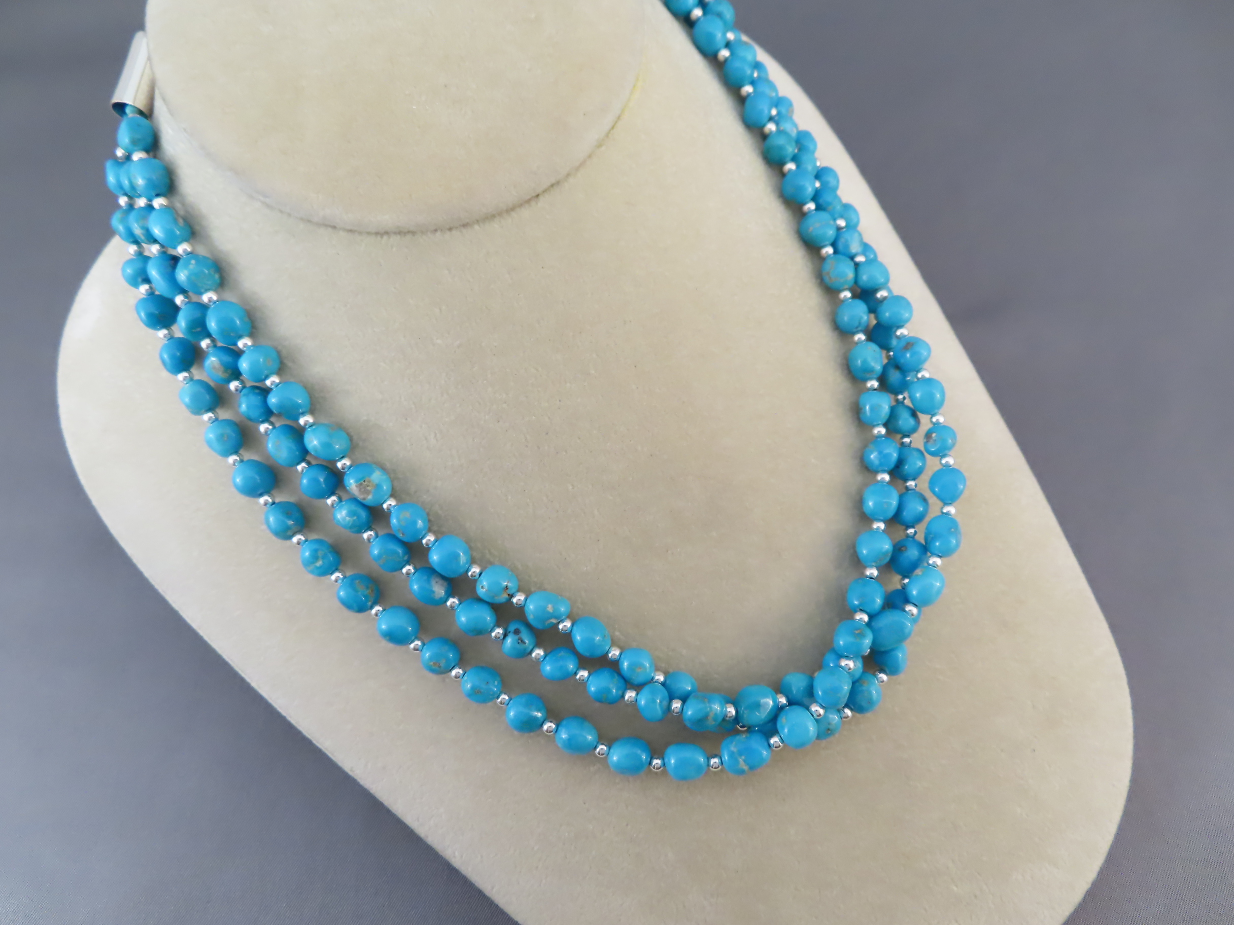 Three Strand Sleeping Beauty Turquoise & Sterling Silver Necklace