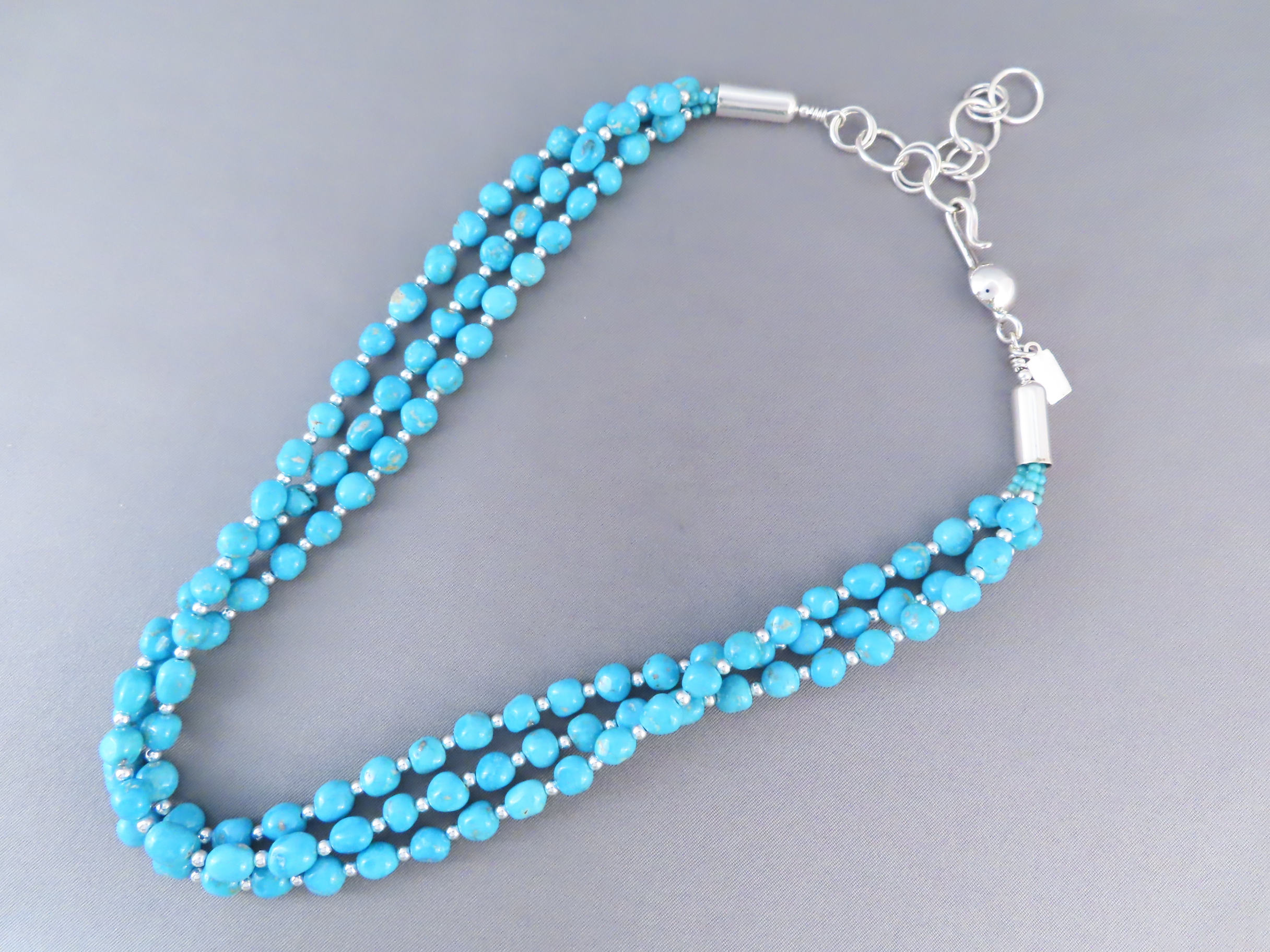 Three Strand Sleeping Beauty Turquoise & Sterling Silver Necklace