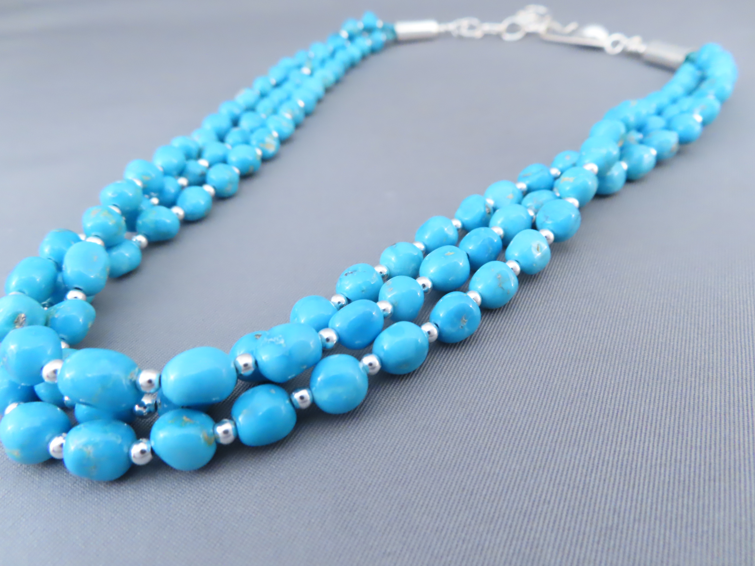 Three Strand Sleeping Beauty Turquoise & Sterling Silver Necklace