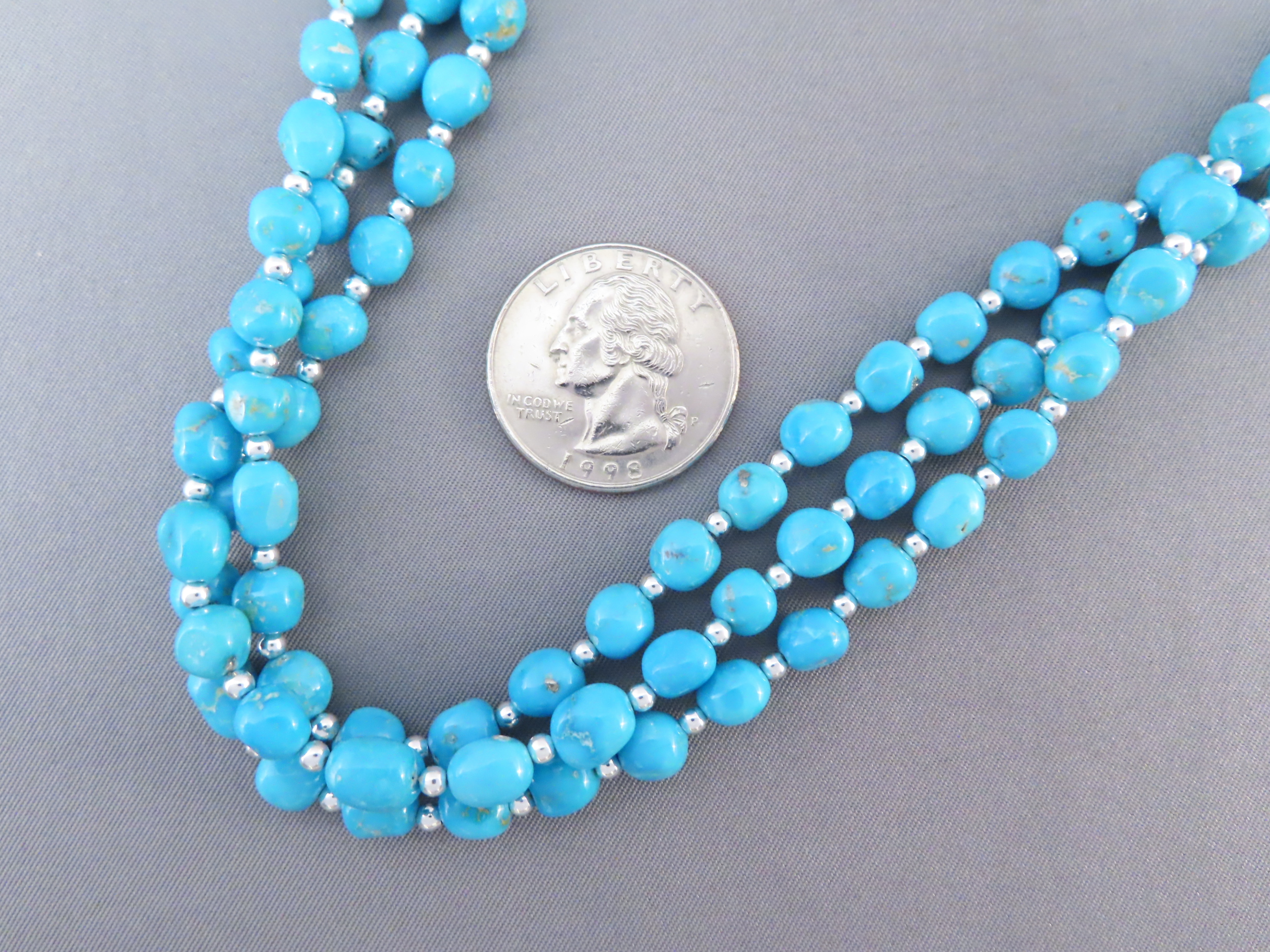 Three Strand Sleeping Beauty Turquoise & Sterling Silver Necklace