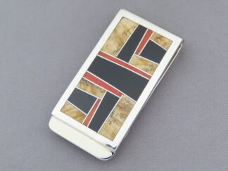 Multi-Stone Inlay Money Clip featuring Coral by Native American jewelry artist, Tim Charlie FOR SALE $255-