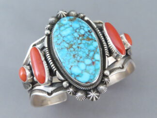 Buy Navajo Jewelry - Kingman Turquoise & Coral Bracelet Cuff by Native American jeweler, Aaron Toadlena $1,495- FOR SALE