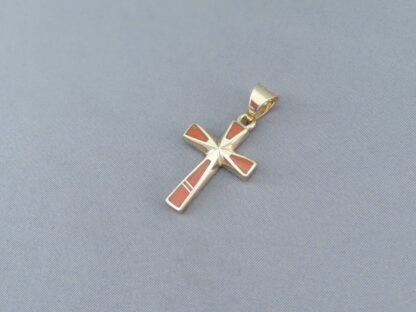 Gold Cross Pendant with Coral Inlay