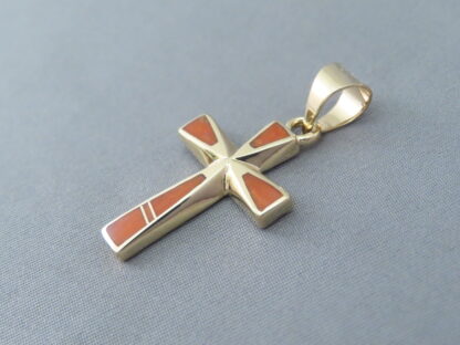 Gold Cross Pendant with Coral Inlay
