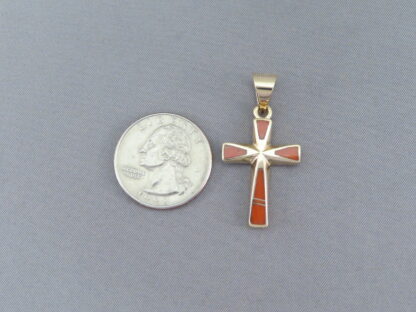 Gold Cross Pendant with Coral Inlay