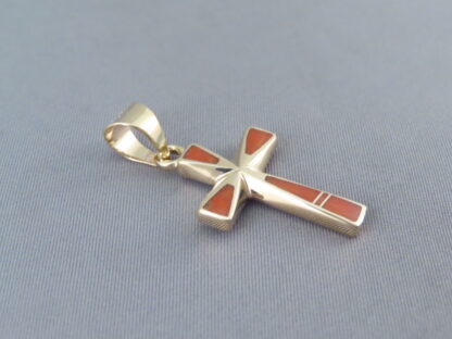 Gold Cross Pendant with Coral Inlay