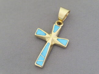 14kt Gold Turquoise Inlay Cross Pendant