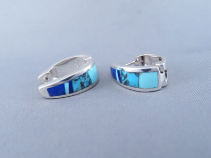 Turquoise & Lapis Inlay Earrings (Larger Huggies)
