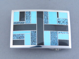 Shop Inlaid Buckle - Turquoise & Black Jade Inlay Belt Buckle by Native American jeweler, Tim Charlie FOR SALE $765-