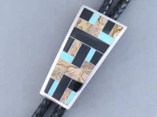 Buy Native American Jewelry - Multi-Stone with Turquoise Inlay Bolo Tie by Navajo jeweler, Pete Chee FOR SALE $1,135-