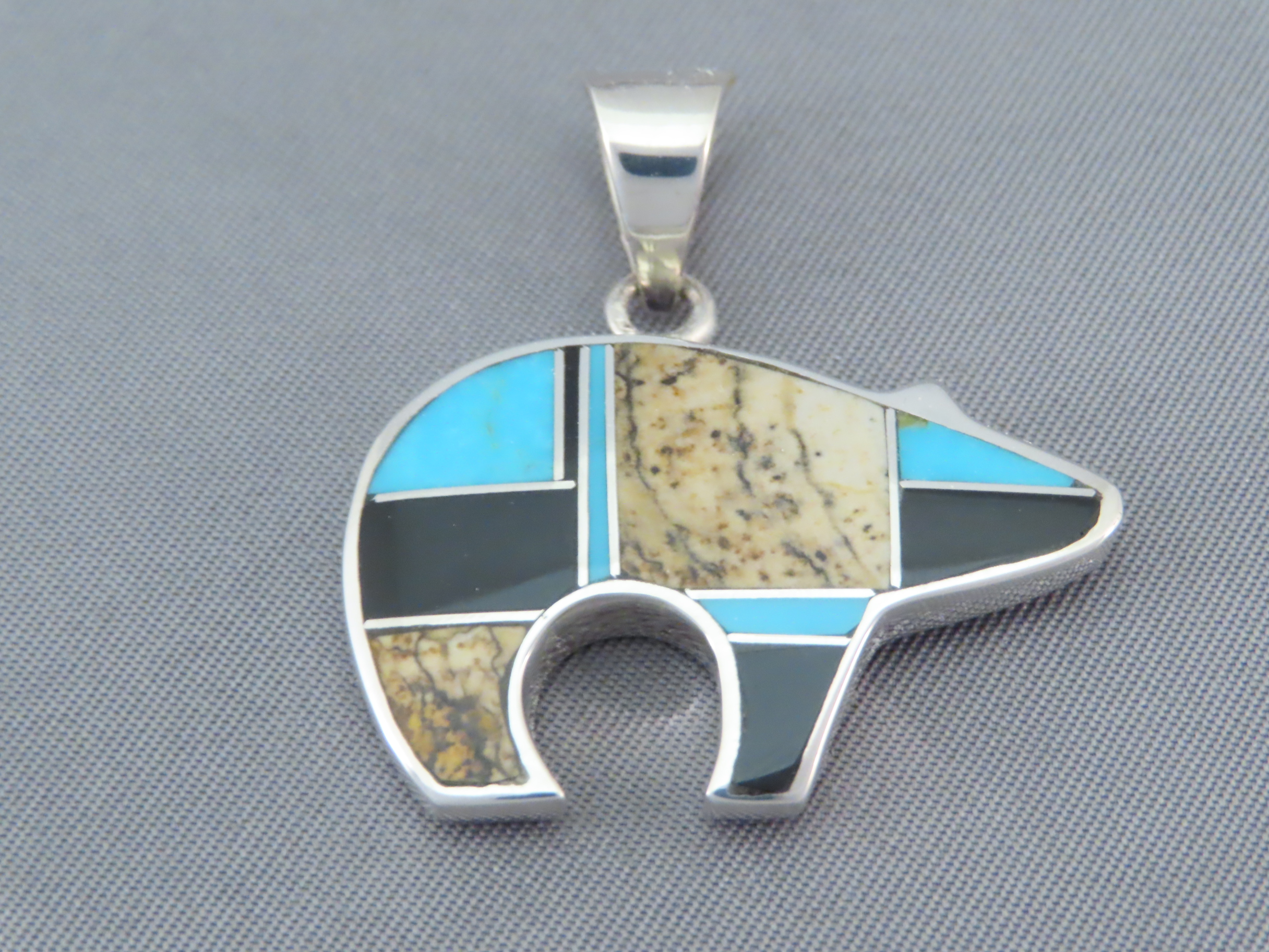 Mid-Size Multi-Stone Inlay Bear Pendant with Turquoise