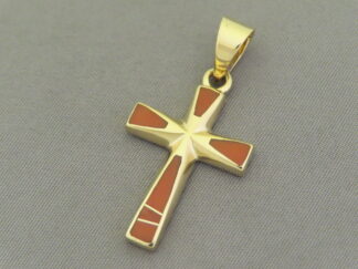 Gold Cross Pendant with Coral Inlay