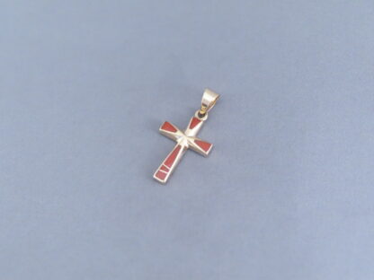 Gold Cross Pendant with Coral Inlay