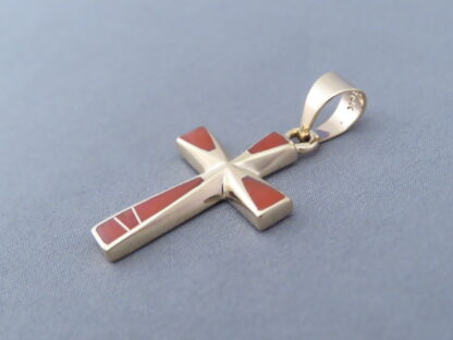 Gold Cross Pendant with Coral Inlay