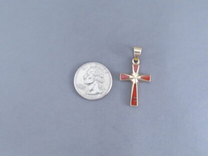 Gold Cross Pendant with Coral Inlay
