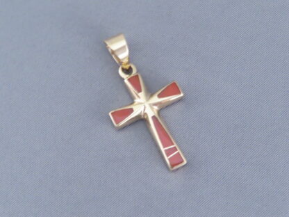 Gold Cross Pendant with Coral Inlay